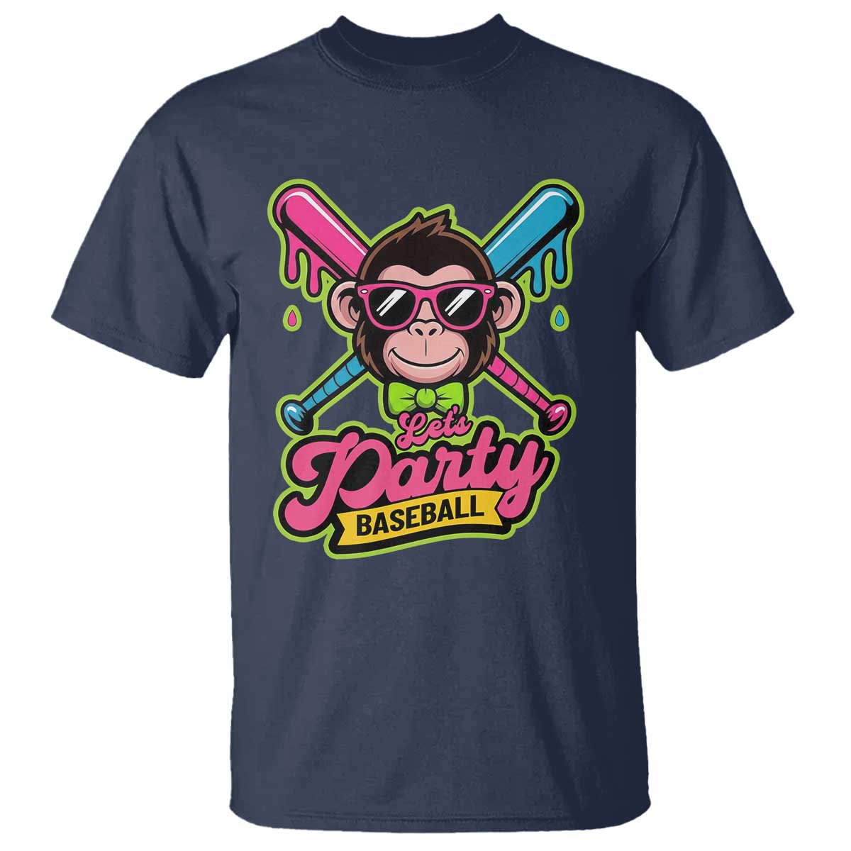 Lets Party Baseball Monkey Game Day T Shirt Neon Dripping Bats Funny Baseball Fan Party Ball TS02 Navy Print Your Wear