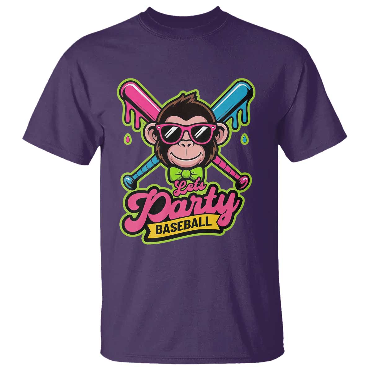 Lets Party Baseball Monkey Game Day T Shirt Neon Dripping Bats Funny Baseball Fan Party Ball TS02 Purple Print Your Wear