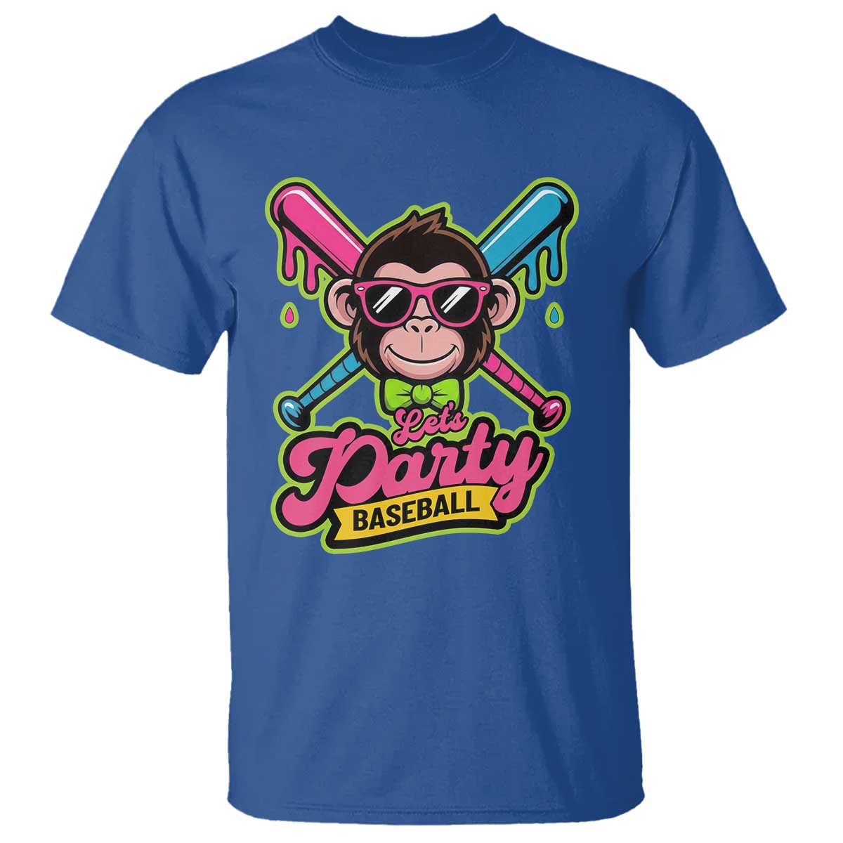 Lets Party Baseball Monkey Game Day T Shirt Neon Dripping Bats Funny Baseball Fan Party Ball TS02 Royal Blue Print Your Wear