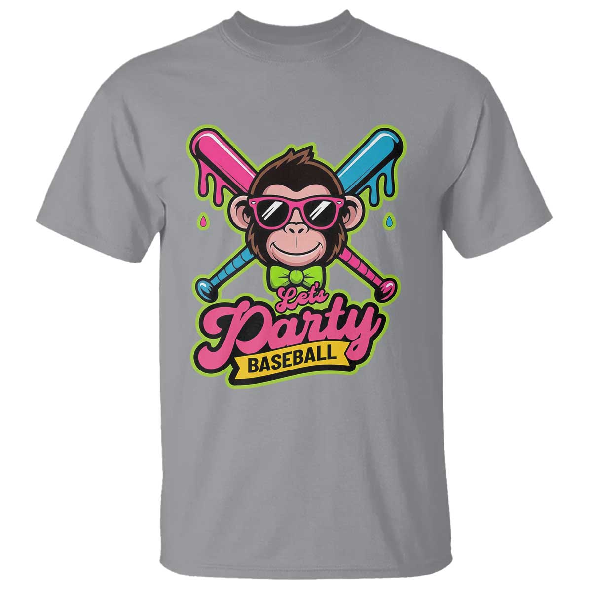 Lets Party Baseball Monkey Game Day T Shirt Neon Dripping Bats Funny Baseball Fan Party Ball TS02 Sport Gray Print Your Wear