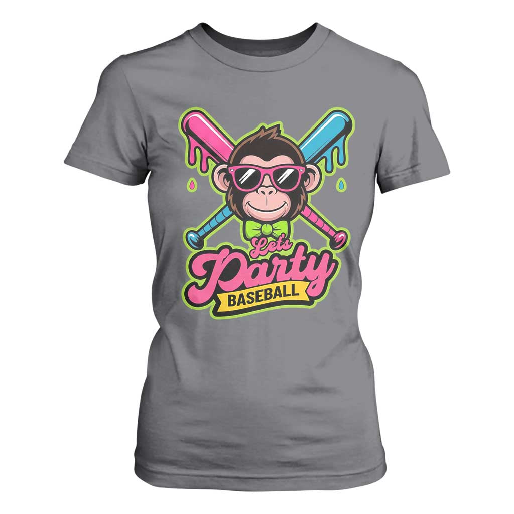 Lets Party Baseball Monkey Game Day T Shirt For Women Neon Dripping Bats Funny Baseball Fan Party Ball TS02 Charcoal Print Your Wear