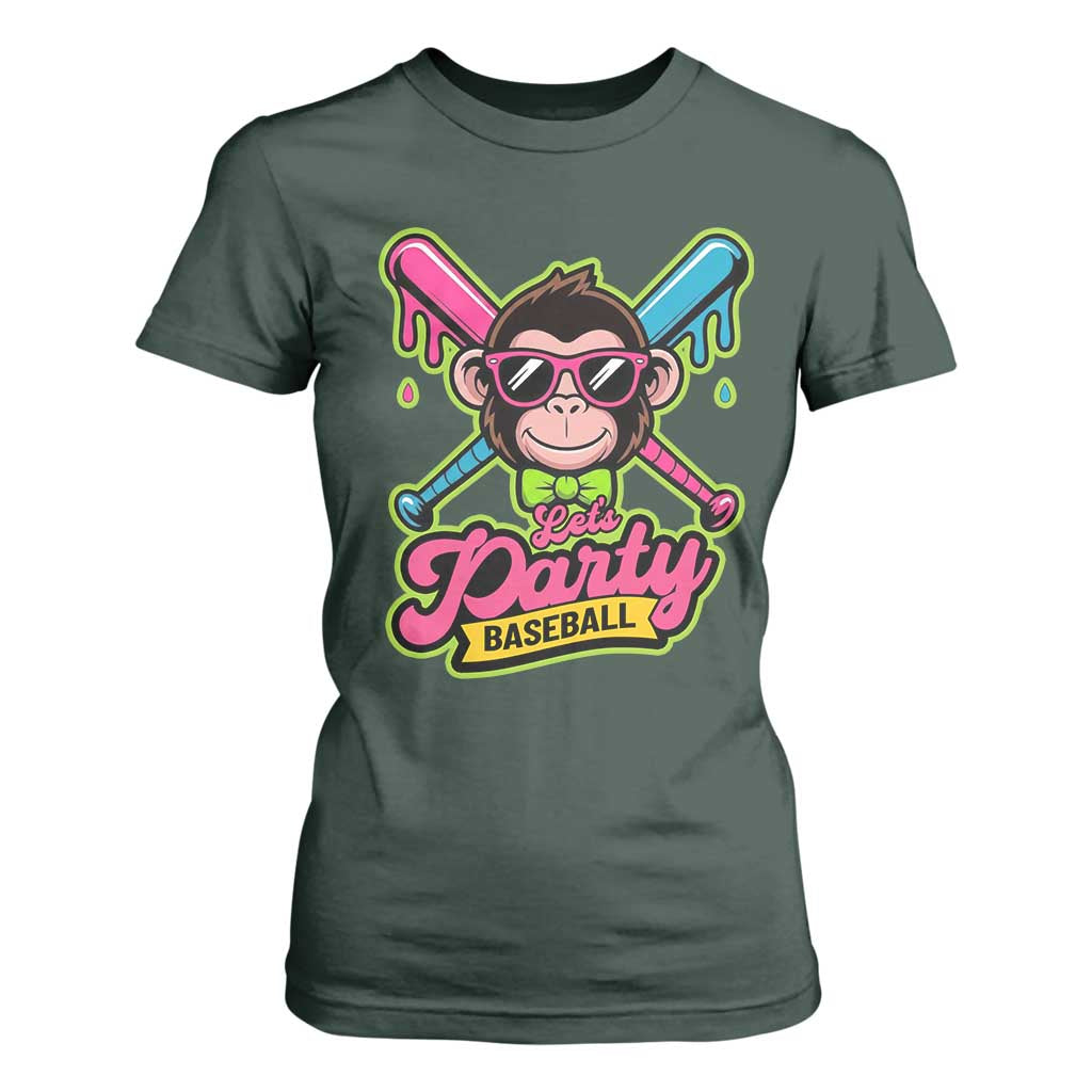 Lets Party Baseball Monkey Game Day T Shirt For Women Neon Dripping Bats Funny Baseball Fan Party Ball TS02 Dark Forest Green Print Your Wear