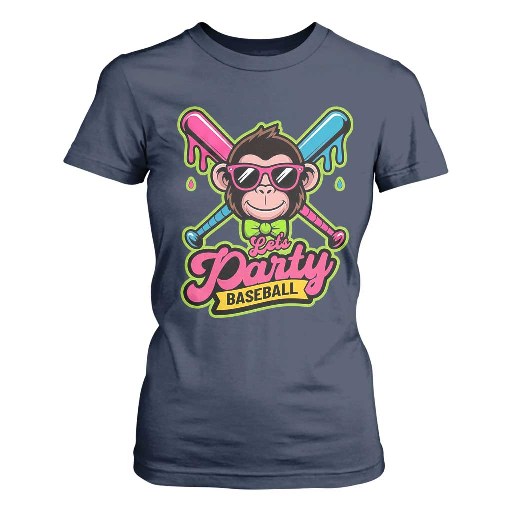 Lets Party Baseball Monkey Game Day T Shirt For Women Neon Dripping Bats Funny Baseball Fan Party Ball TS02 Navy Print Your Wear
