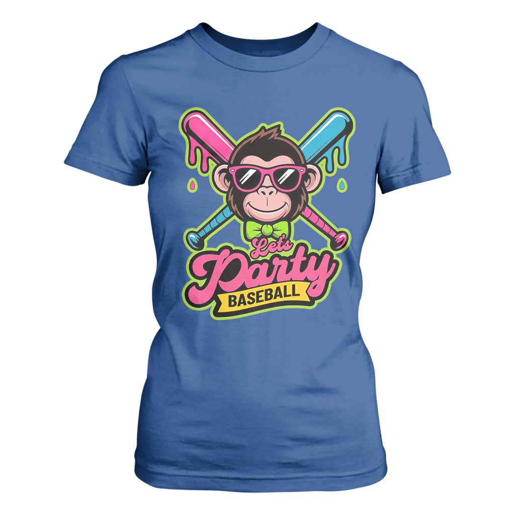 Lets Party Baseball Monkey Game Day T Shirt For Women Neon Dripping Bats Funny Baseball Fan Party Ball TS02 Royal Blue Print Your Wear