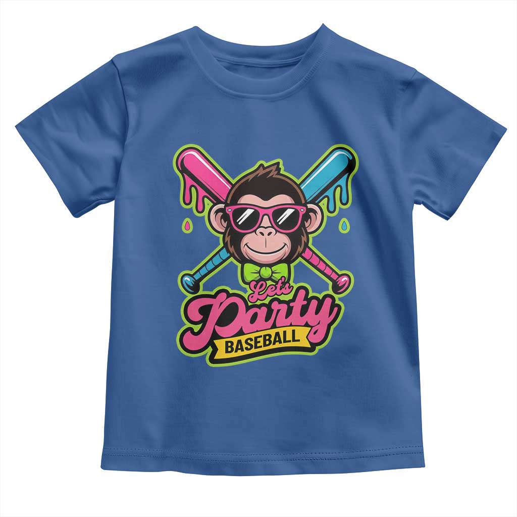 Lets Party Baseball Monkey Game Day Toddler T Shirt Neon Dripping Bats Funny Baseball Fan Party Ball TS02 Royal Blue Print Your Wear