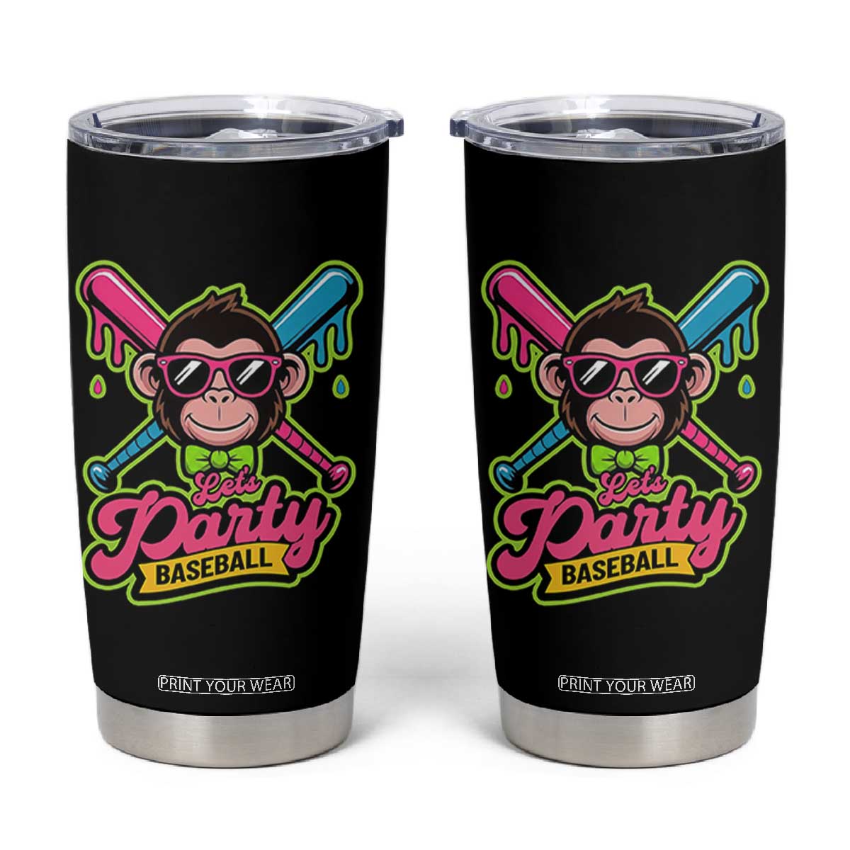 Lets Party Baseball Monkey Game Day Tumbler Cup Neon Dripping Bats Funny Baseball Fan Party Ball TS02 Black Print Your Wear