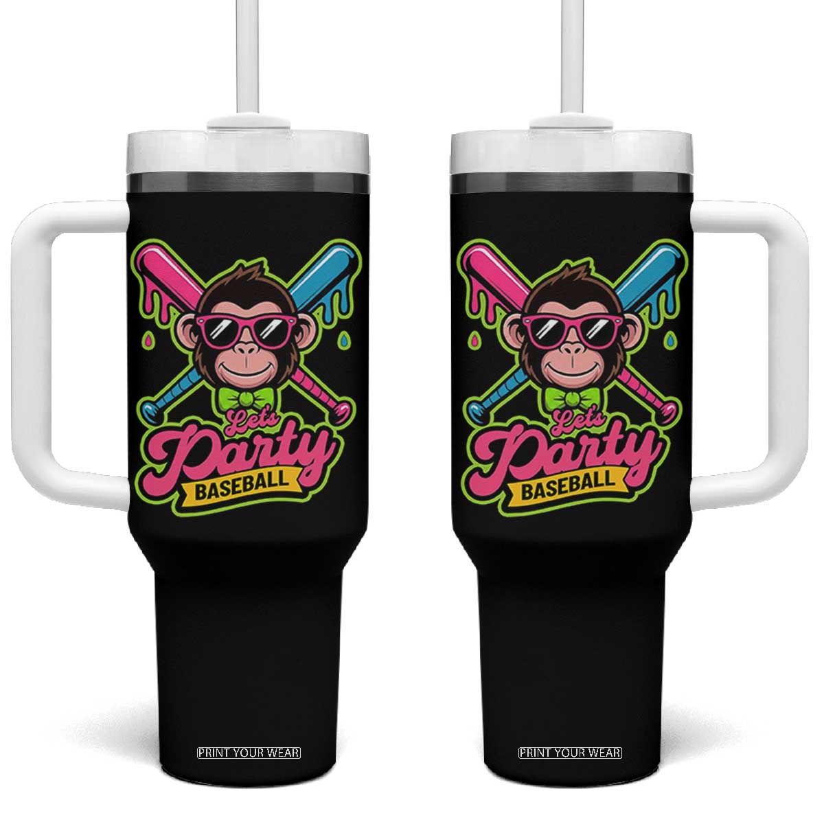 Lets Party Baseball Monkey Game Day Tumbler With Handle Neon Dripping Bats Funny Baseball Fan Party Ball TS02 One Size: 40 oz Black Print Your Wear