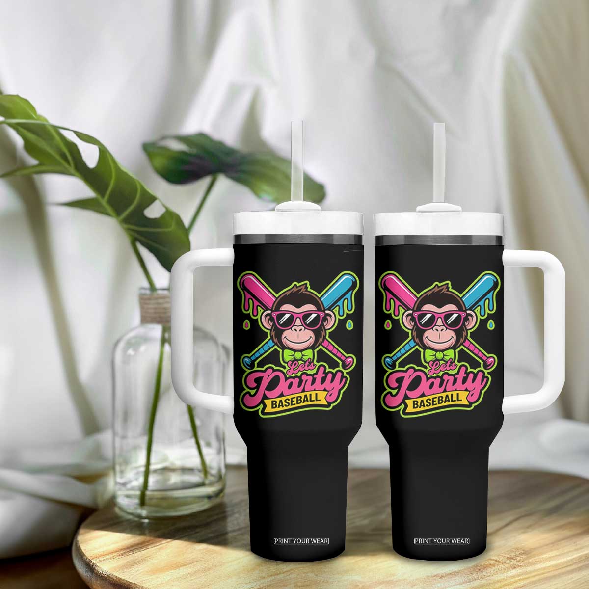 Lets Party Baseball Monkey Game Day Tumbler With Handle Neon Dripping Bats Funny Baseball Fan Party Ball TS02 Print Your Wear