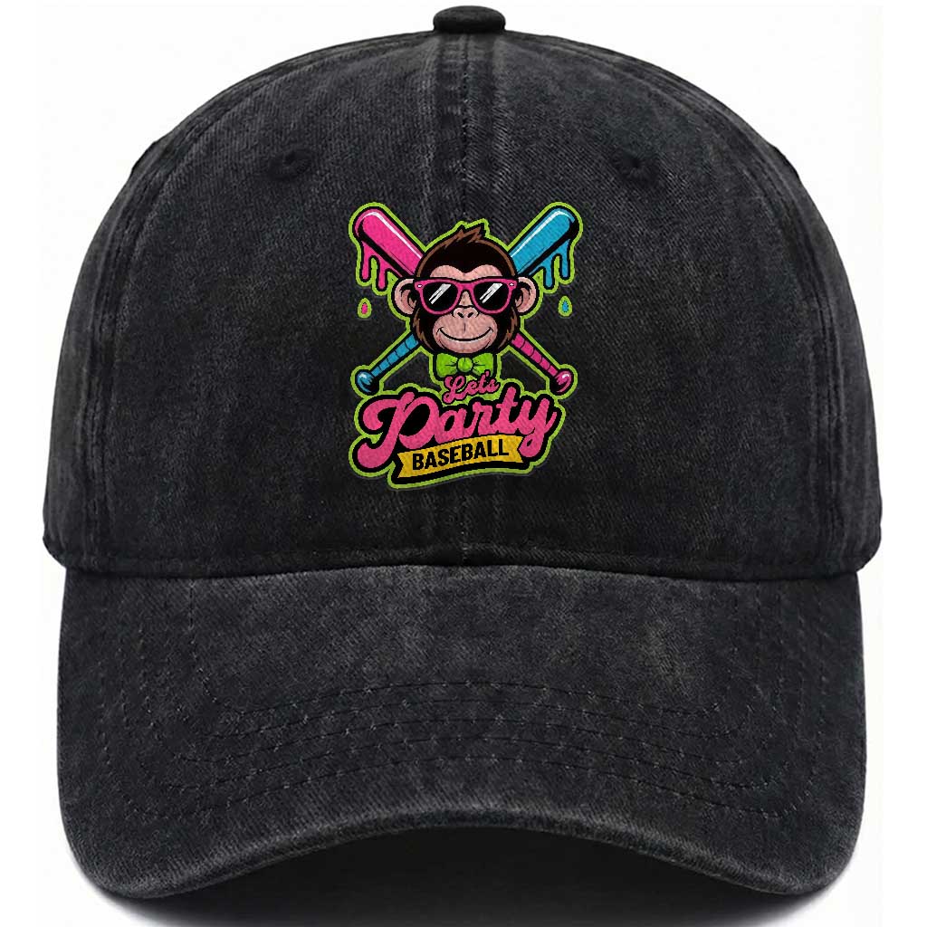 Lets Party Baseball Monkey Game Day Washed Cotton Baseball Cap Neon Dripping Bats Funny Baseball Fan Party Ball TS02 Washed Cap Universal Fit Black Print Your Wear