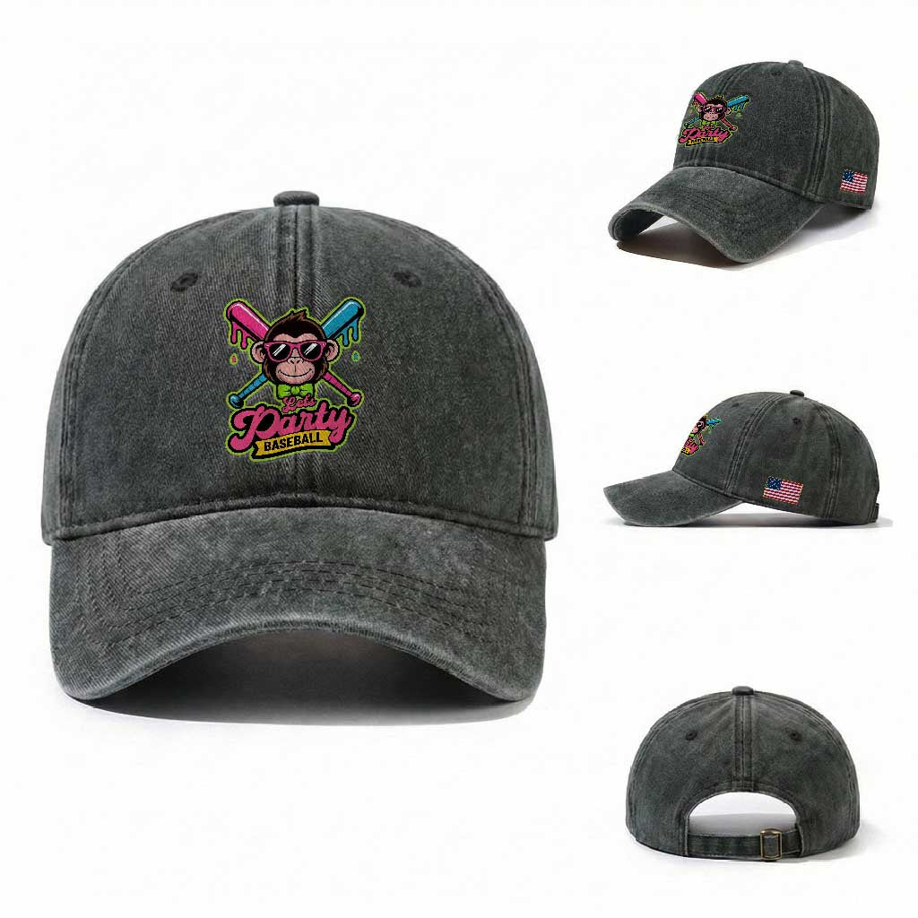 Lets Party Baseball Monkey Game Day Washed Cotton Baseball Cap Neon Dripping Bats Funny Baseball Fan Party Ball TS02 Washed Cap Universal Fit Dark Green Print Your Wear