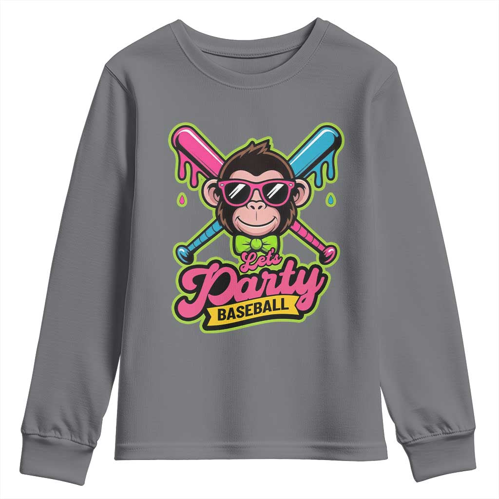 Lets Party Baseball Monkey Game Day Youth Sweatshirt Neon Dripping Bats Funny Baseball Fan Party Ball TS02 Charcoal Print Your Wear