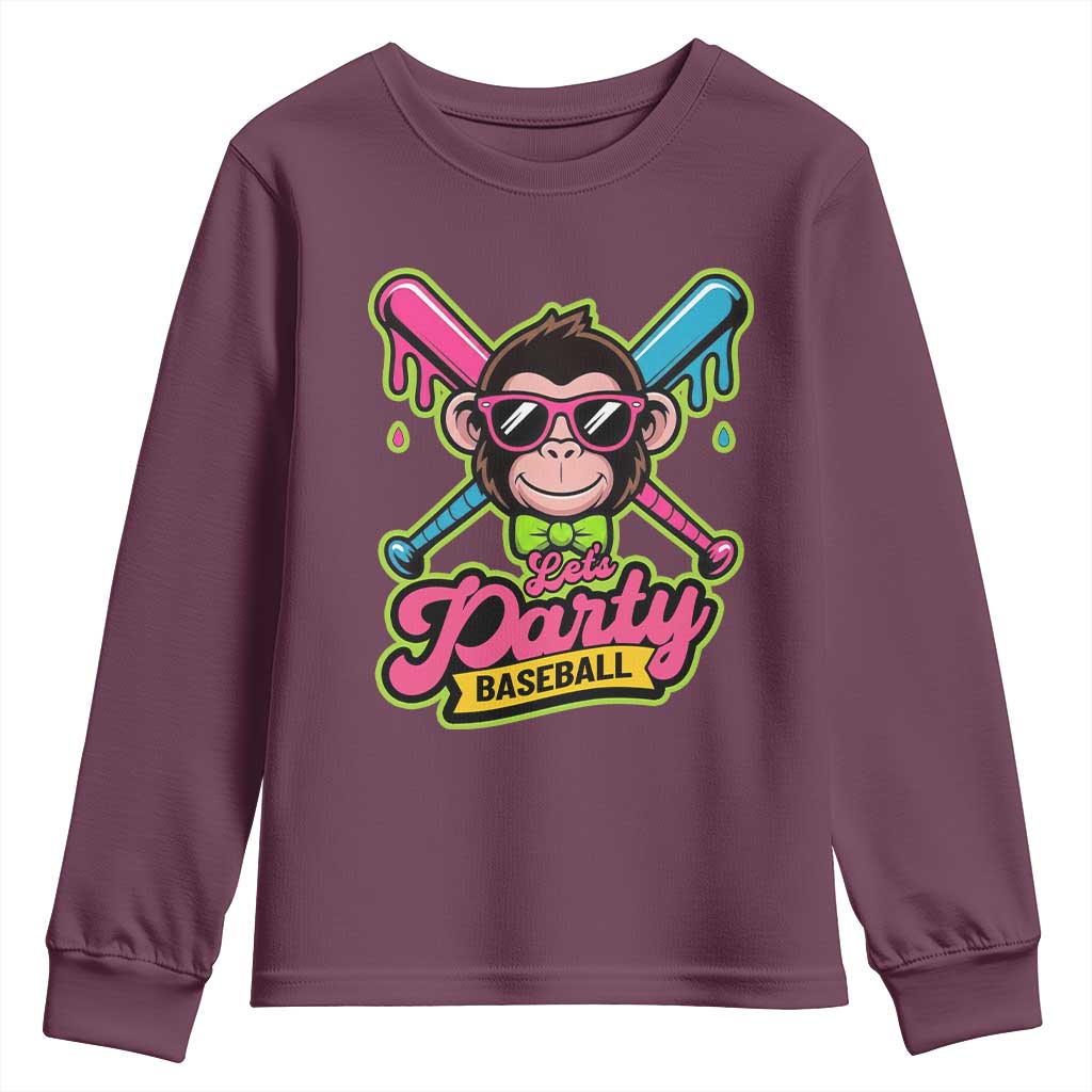 Lets Party Baseball Monkey Game Day Youth Sweatshirt Neon Dripping Bats Funny Baseball Fan Party Ball TS02 Maroon Print Your Wear