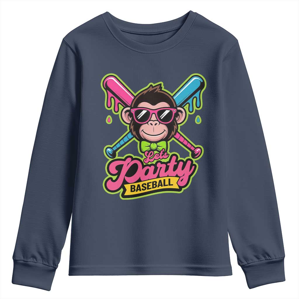 Lets Party Baseball Monkey Game Day Youth Sweatshirt Neon Dripping Bats Funny Baseball Fan Party Ball TS02 Navy Print Your Wear