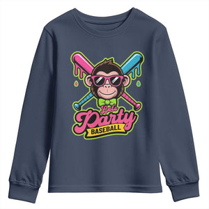 Lets Party Baseball Monkey Game Day Youth Sweatshirt Neon Dripping Bats Funny Baseball Fan Party Ball TS02 Navy Print Your Wear