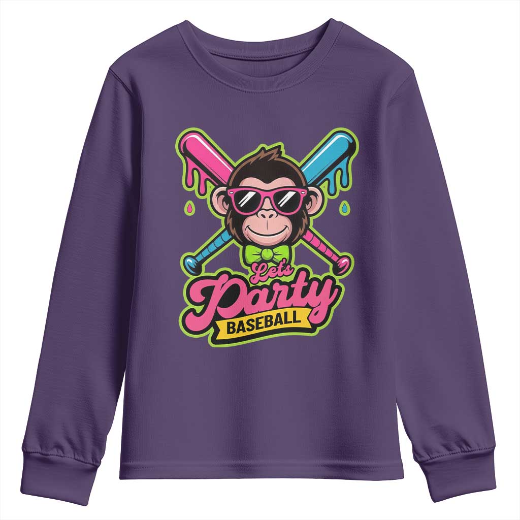 Lets Party Baseball Monkey Game Day Youth Sweatshirt Neon Dripping Bats Funny Baseball Fan Party Ball TS02 Purple Print Your Wear