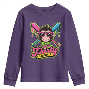 Lets Party Baseball Monkey Game Day Youth Sweatshirt Neon Dripping Bats Funny Baseball Fan Party Ball TS02 Purple Print Your Wear