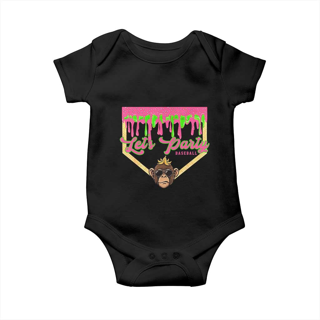 Lets Party Monkey Baseball Game Day Baby Onesie Neon Dripping Homeplate Funny Ball Party Fans TS02 Black Print Your Wear