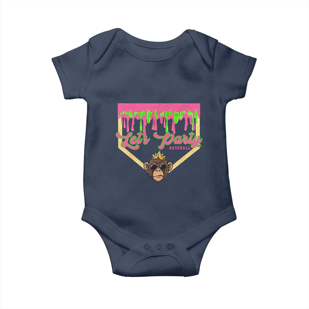 Lets Party Monkey Baseball Game Day Baby Onesie Neon Dripping Homeplate Funny Ball Party Fans TS02 Navy Print Your Wear