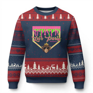 Lets Party Monkey Baseball Game Day Ugly Christmas Sweater Neon Dripping Homeplate Funny Ball Party Fans TS02 Navy Red Print Your Wear