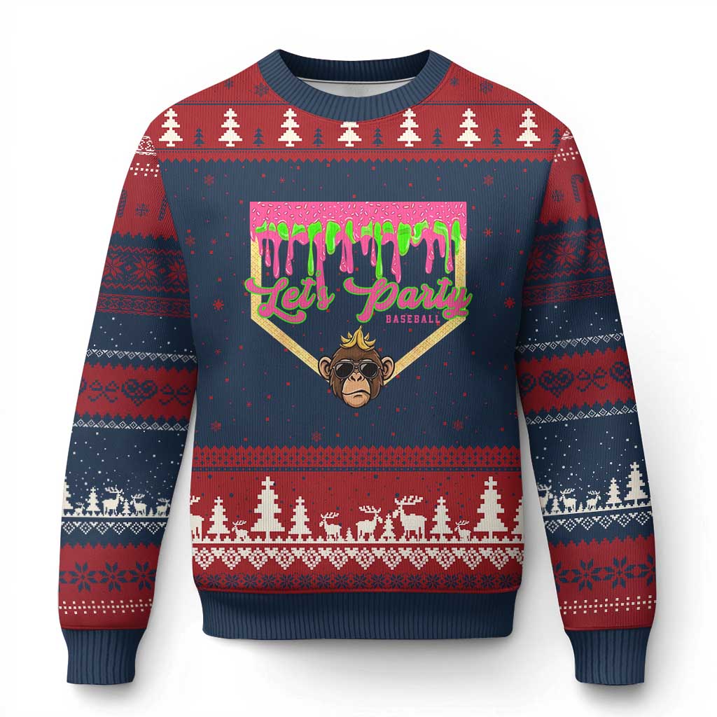 Lets Party Monkey Baseball Game Day Ugly Christmas Sweater Neon Dripping Homeplate Funny Ball Party Fans TS02 Navy Red Print Your Wear