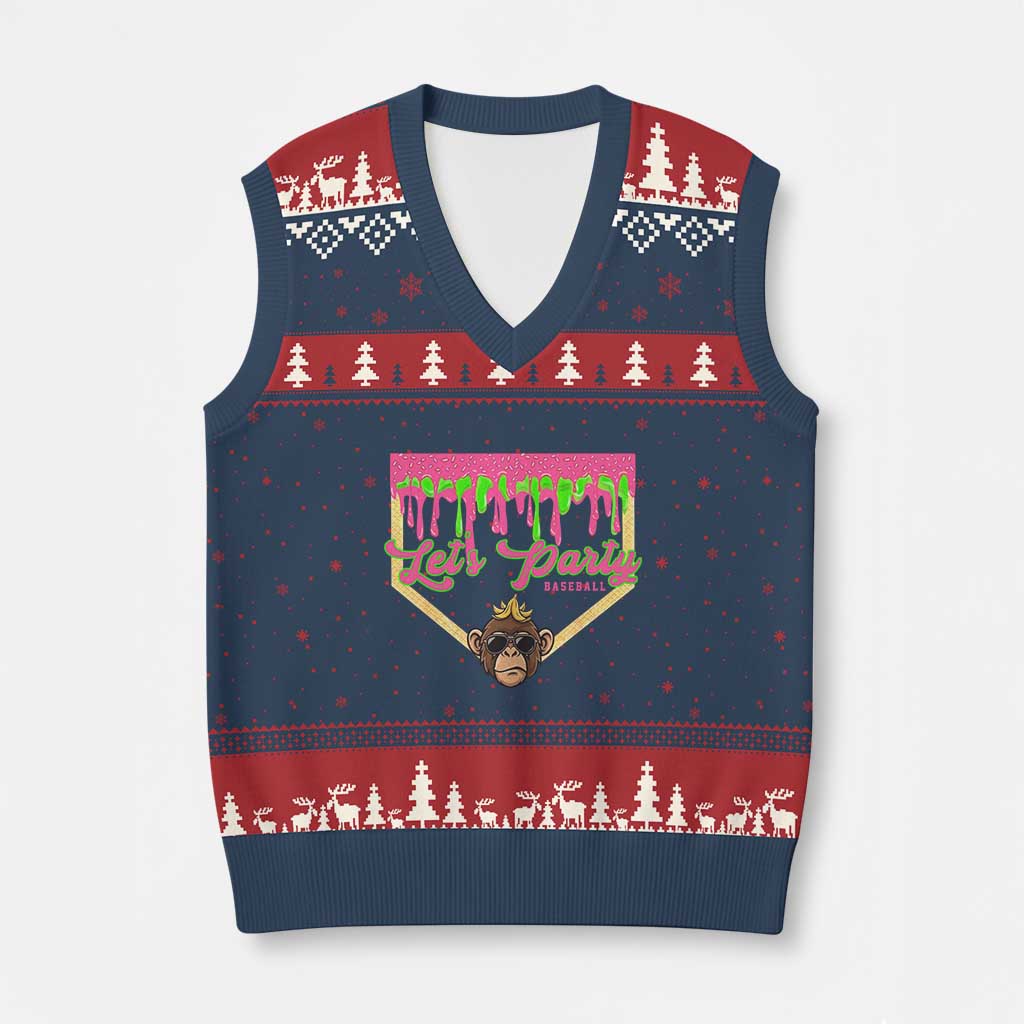 Lets Party Monkey Baseball Game Day V-Neck Knit Sweater Vest Neon Dripping Homeplate Funny Ball Party Fans TS02 Navy Red Print Your Wear