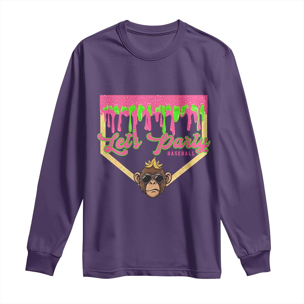 Lets Party Monkey Baseball Game Day Long Sleeve Shirt Neon Dripping Homeplate Funny Ball Party Fans TS02 Purple Print Your Wear
