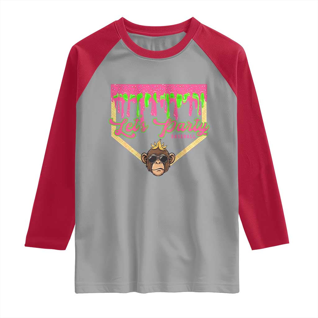 Lets Party Monkey Baseball Game Day Raglan Shirt Neon Dripping Homeplate Funny Ball Party Fans TS02 Sport Gray Red Print Your Wear