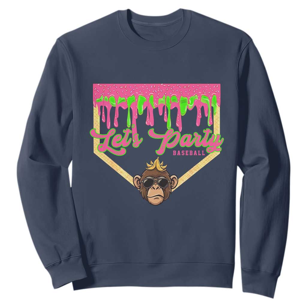 Lets Party Monkey Baseball Game Day Sweatshirt Neon Dripping Homeplate Funny Ball Party Fans TS02 Navy Print Your Wear