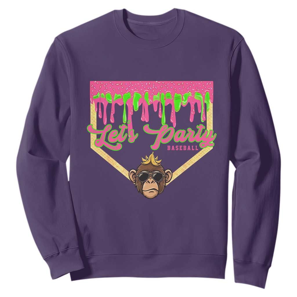 Lets Party Monkey Baseball Game Day Sweatshirt Neon Dripping Homeplate Funny Ball Party Fans TS02 Purple Print Your Wear