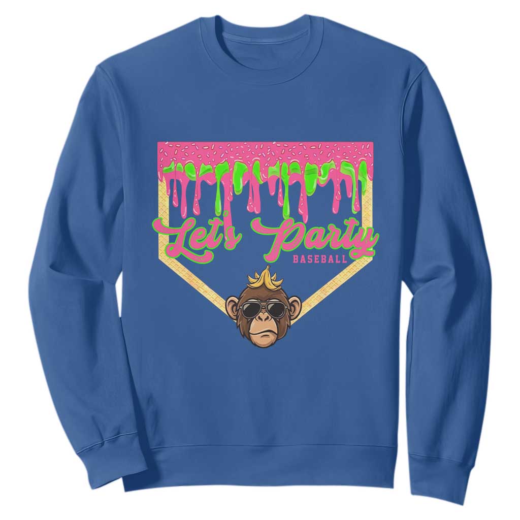 Lets Party Monkey Baseball Game Day Sweatshirt Neon Dripping Homeplate Funny Ball Party Fans TS02 Royal Blue Print Your Wear