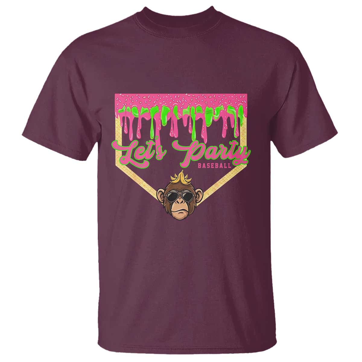 Lets Party Monkey Baseball Game Day T Shirt Neon Dripping Homeplate Funny Ball Party Fans TS02 Maroon Print Your Wear
