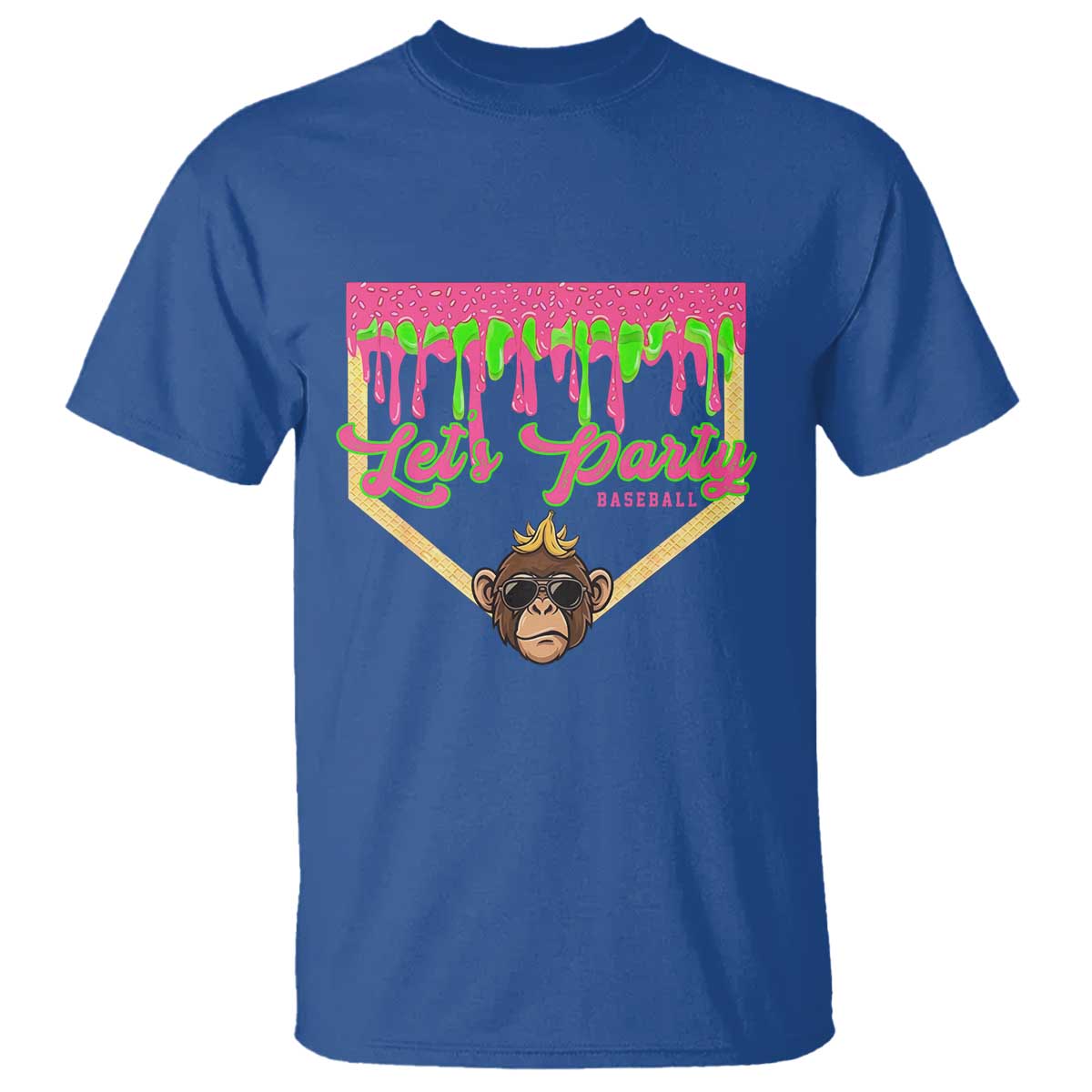 Lets Party Monkey Baseball Game Day T Shirt Neon Dripping Homeplate Funny Ball Party Fans TS02 Royal Blue Print Your Wear