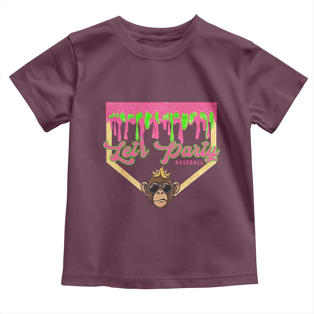 Lets Party Monkey Baseball Game Day Toddler T Shirt Neon Dripping Homeplate Funny Ball Party Fans TS02 Maroon Print Your Wear