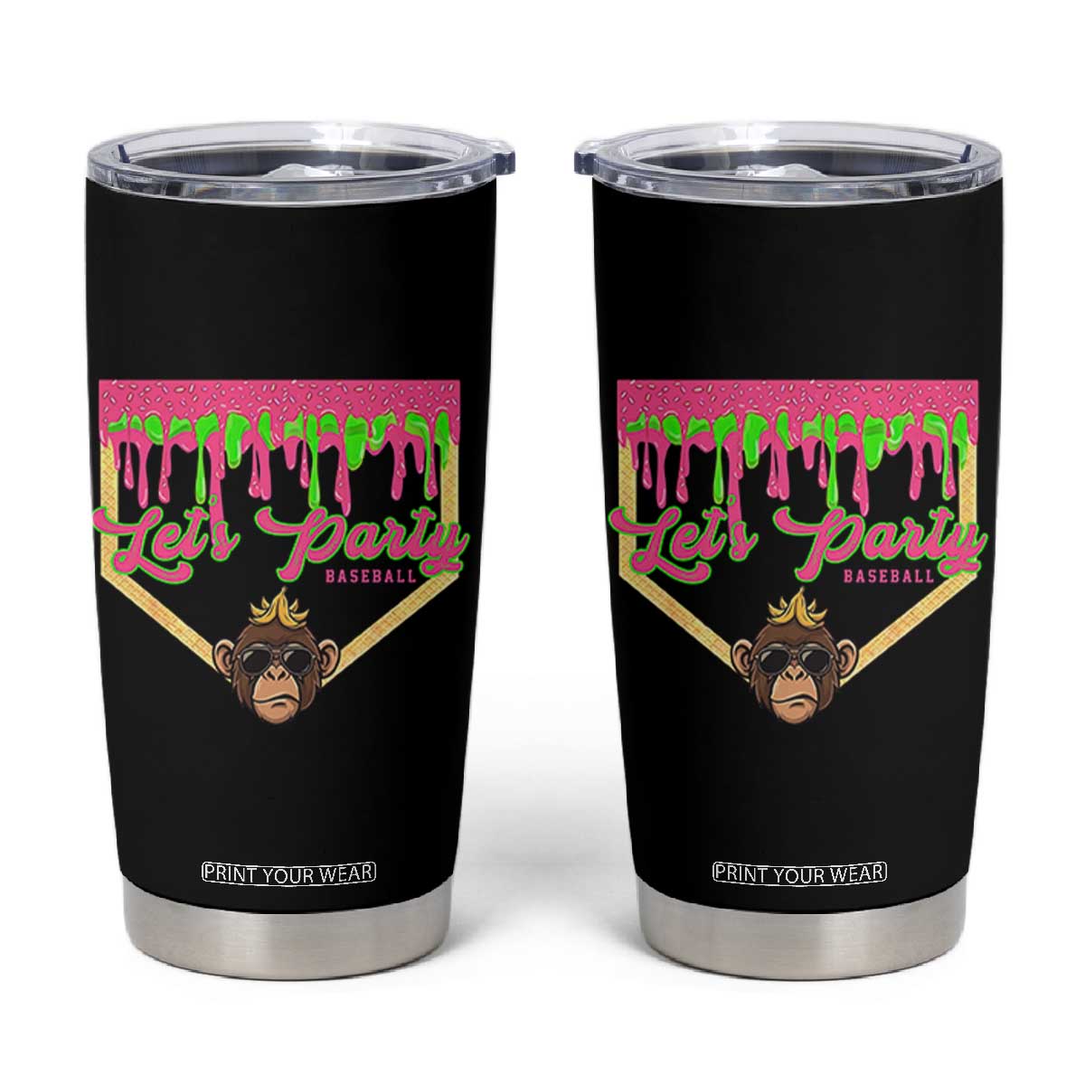 Lets Party Monkey Baseball Game Day Tumbler Cup Neon Dripping Homeplate Funny Ball Party Fans TS02 Black Print Your Wear