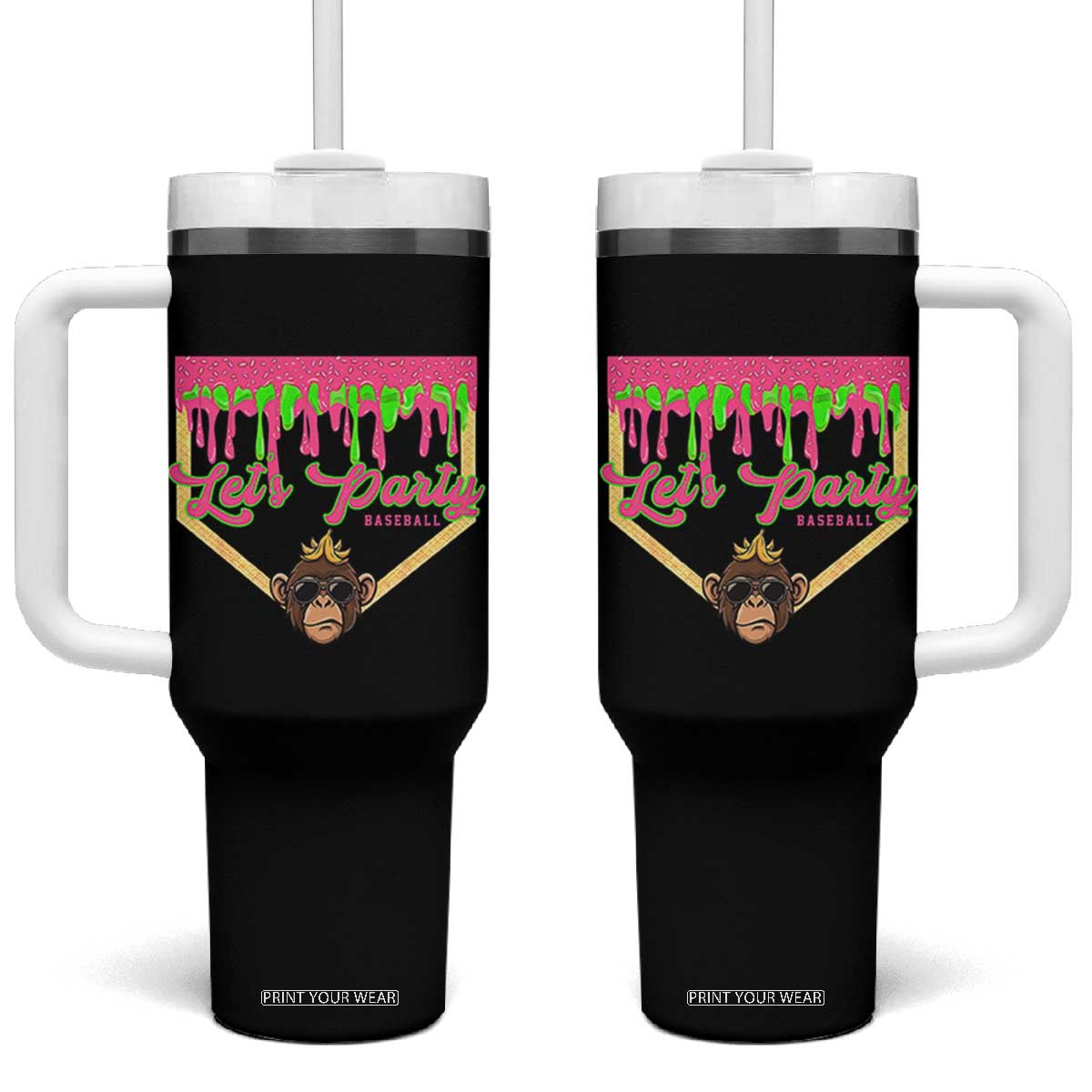 Lets Party Monkey Baseball Game Day Tumbler With Handle Neon Dripping Homeplate Funny Ball Party Fans TS02 One Size: 40 oz Black Print Your Wear