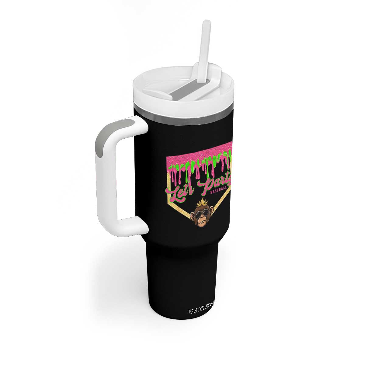 Lets Party Monkey Baseball Game Day Tumbler With Handle Neon Dripping Homeplate Funny Ball Party Fans TS02 Print Your Wear