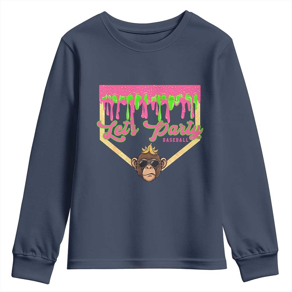 Lets Party Monkey Baseball Game Day Youth Sweatshirt Neon Dripping Homeplate Funny Ball Party Fans TS02 Navy Print Your Wear