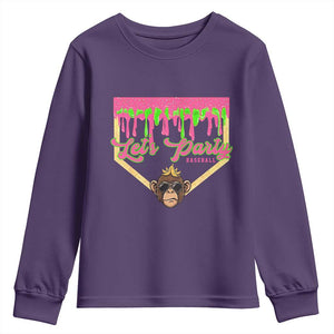 Lets Party Monkey Baseball Game Day Youth Sweatshirt Neon Dripping Homeplate Funny Ball Party Fans TS02 Purple Print Your Wear