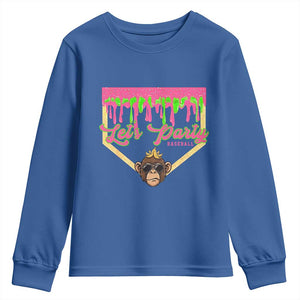 Lets Party Monkey Baseball Game Day Youth Sweatshirt Neon Dripping Homeplate Funny Ball Party Fans TS02 Royal Blue Print Your Wear