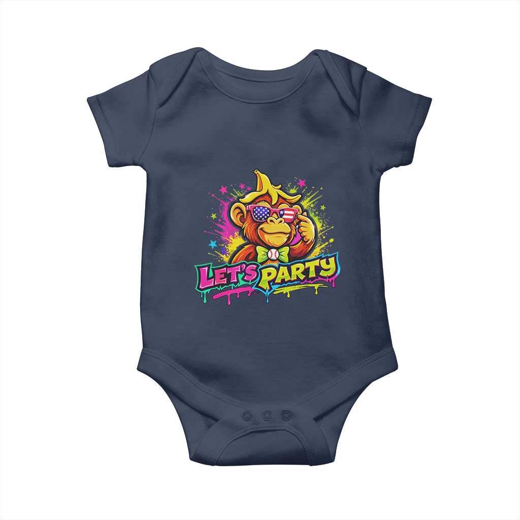 Lets Party Baseball Monkey Colorful Graphic Baby Onesie American Flag Game Day Fans Ball Party Vibes TS02 Navy Print Your Wear
