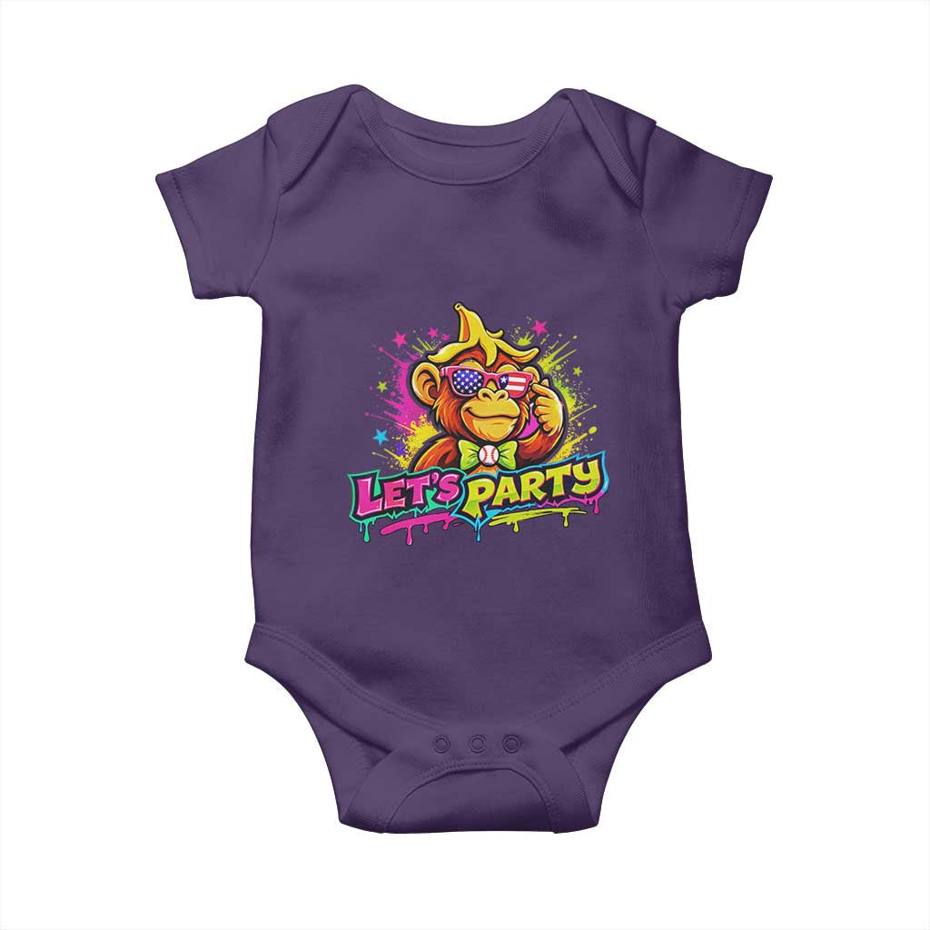 Lets Party Baseball Monkey Colorful Graphic Baby Onesie American Flag Game Day Fans Ball Party Vibes TS02 Purple Print Your Wear