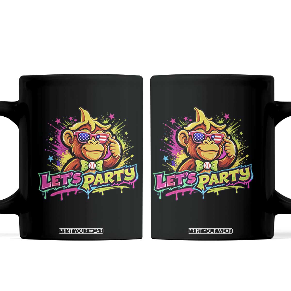 Lets Party Baseball Monkey Colorful Graphic Coffee Mug American Flag Game Day Fans Ball Party Vibes TS02 Black Print Your Wear