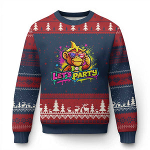 Lets Party Baseball Monkey Colorful Graphic Ugly Christmas Sweater American Flag Game Day Fans Ball Party Vibes TS02 Navy Red Print Your Wear