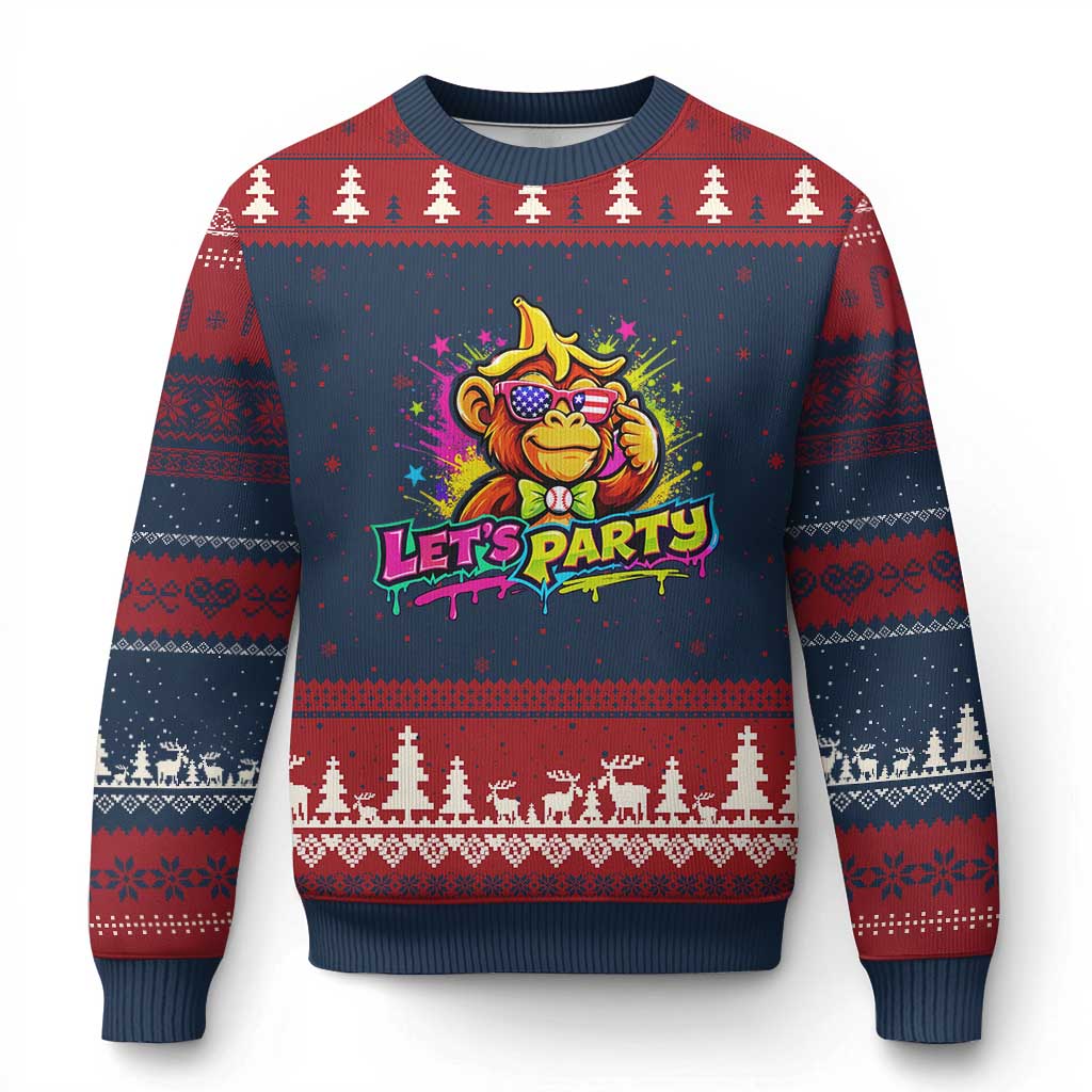 Lets Party Baseball Monkey Colorful Graphic Ugly Christmas Sweater American Flag Game Day Fans Ball Party Vibes TS02 Navy Red Print Your Wear