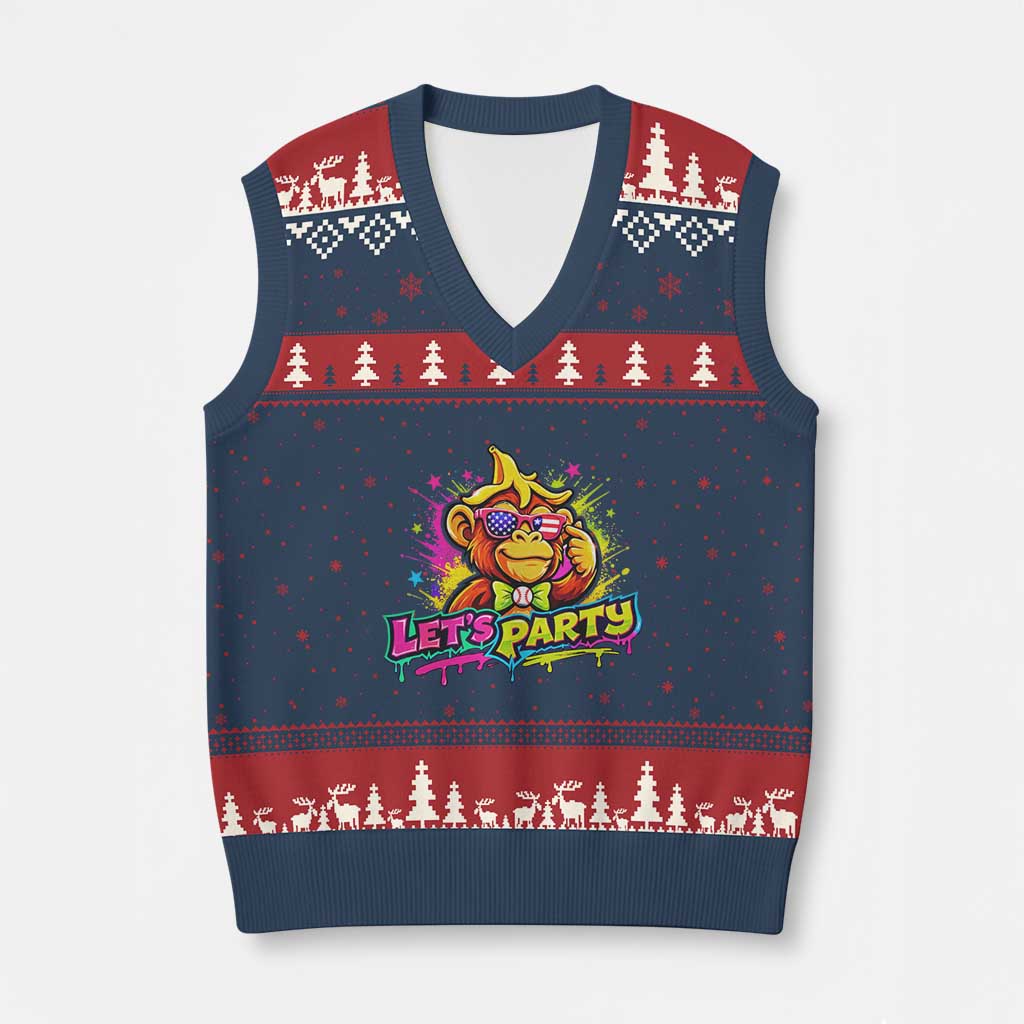 Lets Party Baseball Monkey Colorful Graphic V-Neck Knit Sweater Vest American Flag Game Day Fans Ball Party Vibes TS02 Navy Red Print Your Wear
