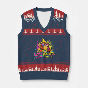 Lets Party Baseball Monkey Colorful Graphic V-Neck Knit Sweater Vest American Flag Game Day Fans Ball Party Vibes TS02 Navy Red Print Your Wear