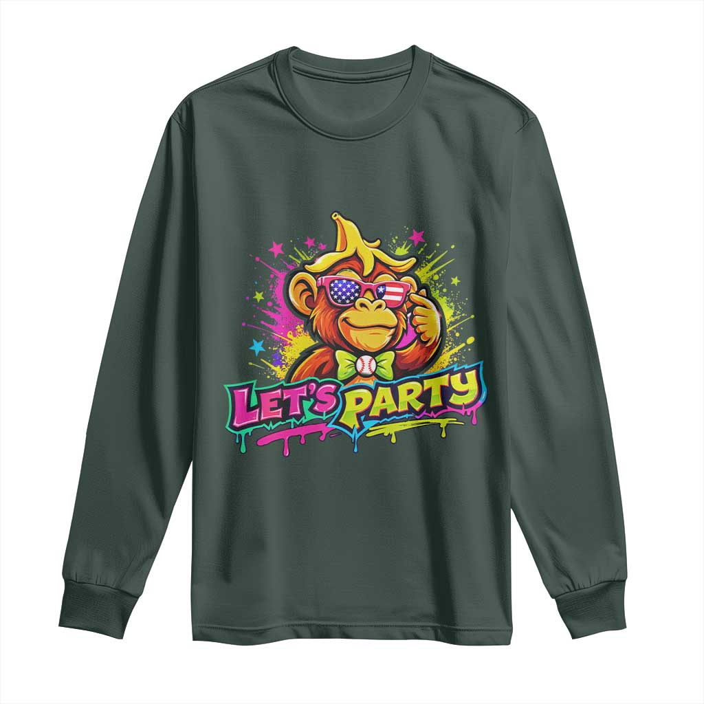 Lets Party Baseball Monkey Colorful Graphic Long Sleeve Shirt American Flag Game Day Fans Ball Party Vibes TS02 Dark Forest Green Print Your Wear