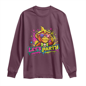 Lets Party Baseball Monkey Colorful Graphic Long Sleeve Shirt American Flag Game Day Fans Ball Party Vibes TS02 Maroon Print Your Wear