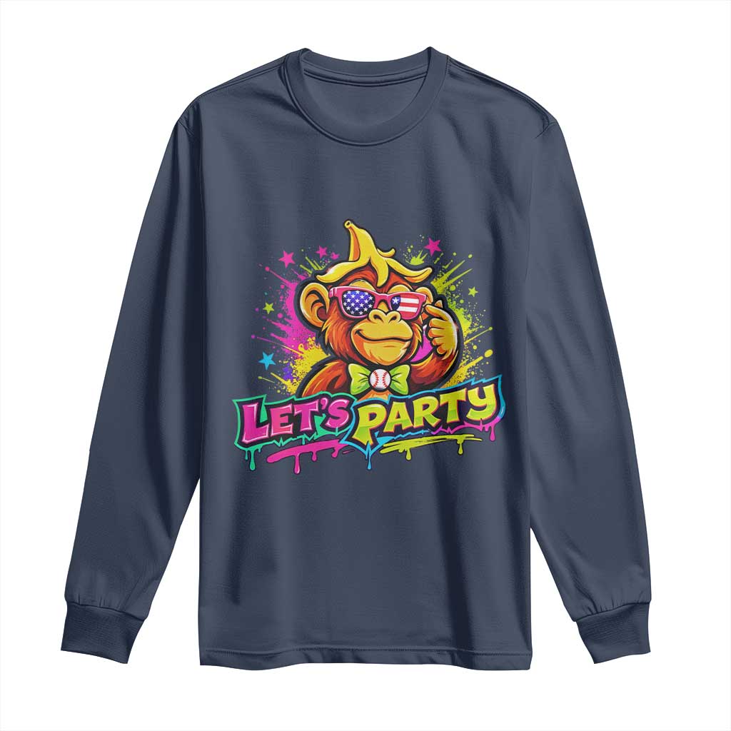Lets Party Baseball Monkey Colorful Graphic Long Sleeve Shirt American Flag Game Day Fans Ball Party Vibes TS02 Navy Print Your Wear