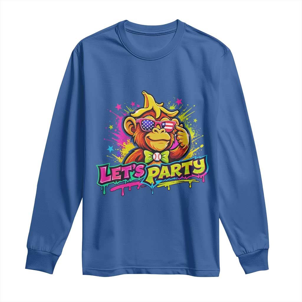 Lets Party Baseball Monkey Colorful Graphic Long Sleeve Shirt American Flag Game Day Fans Ball Party Vibes TS02 Royal Blue Print Your Wear